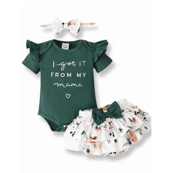 PatPat 3pcs Baby Girl 95% Cotton Short-Sleeve Letter Print Romper & Floral Print Layered Ruffled Shorts & Headband Set,0-18 Month