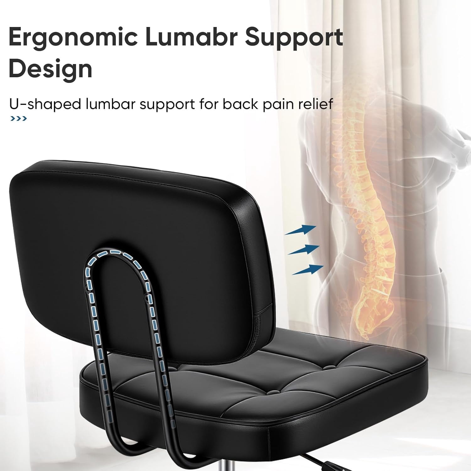 Armless Vanity Chair for Makeup Room, Small Desk Chair with Tufted PU Leather, Adjustable Height Rolling Computer Chair for Home Office & Dorm, Black