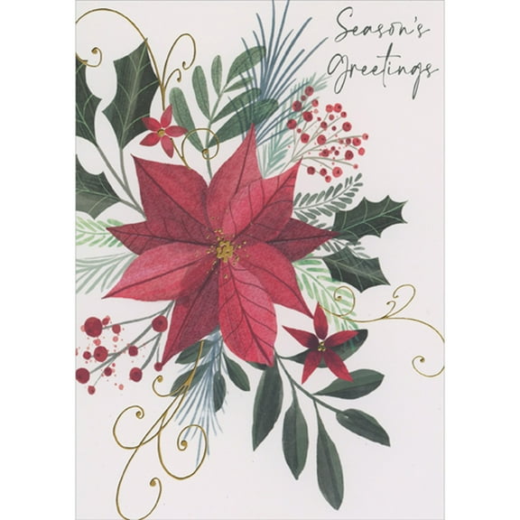 Designer Greetings Season's Greetings: Large Poinsettia, Holly and Gold Foil Swirls Box of 15 Christmas Cards