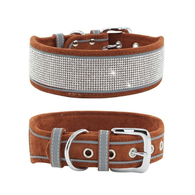 NAOJIE Rhinestone Dog Collar,Dazzling Sparkling Soft Suede Reflective Large Dog Collar Crystal Diamond Collar for Medium & Large Dogs-Brown-L