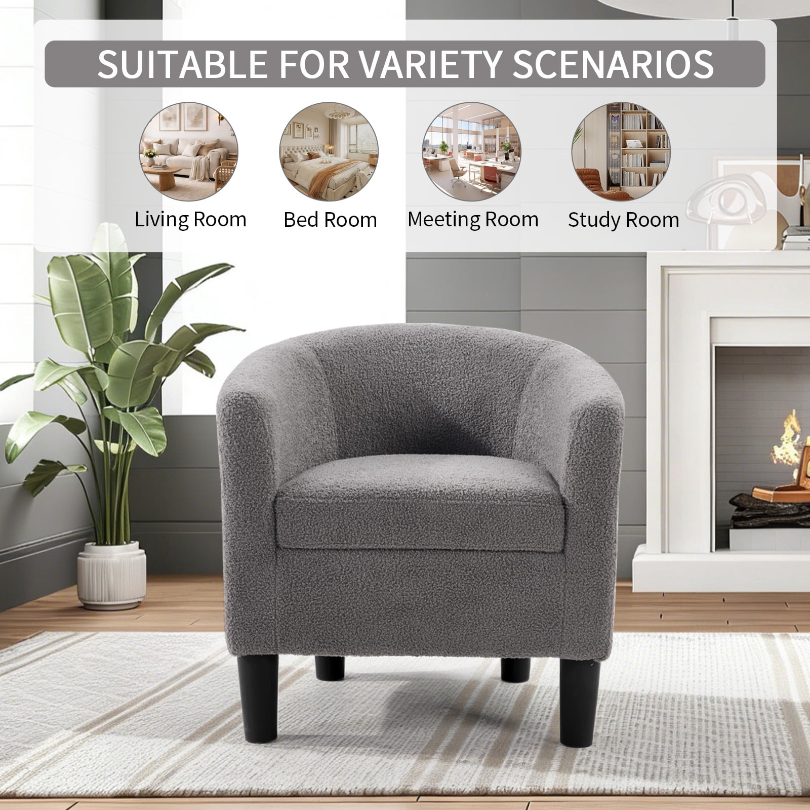 Bonzy Home Accent Barrel Chair, Teddy Fleece Upholstered Club Chair with Armrest Small Reading Chair, for Living Room, Bedroom & Reception Room, Gray
