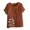 thumbnail image 4 of Cmfcve Women's Summer Oversize Tops Short Sleeve Round Neck Cotton Linen Tee Shirt Print Breathable Henley Button Blouse, 4 of 5
