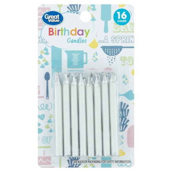 Great Value Birthday Candles, Silver, 16 Count