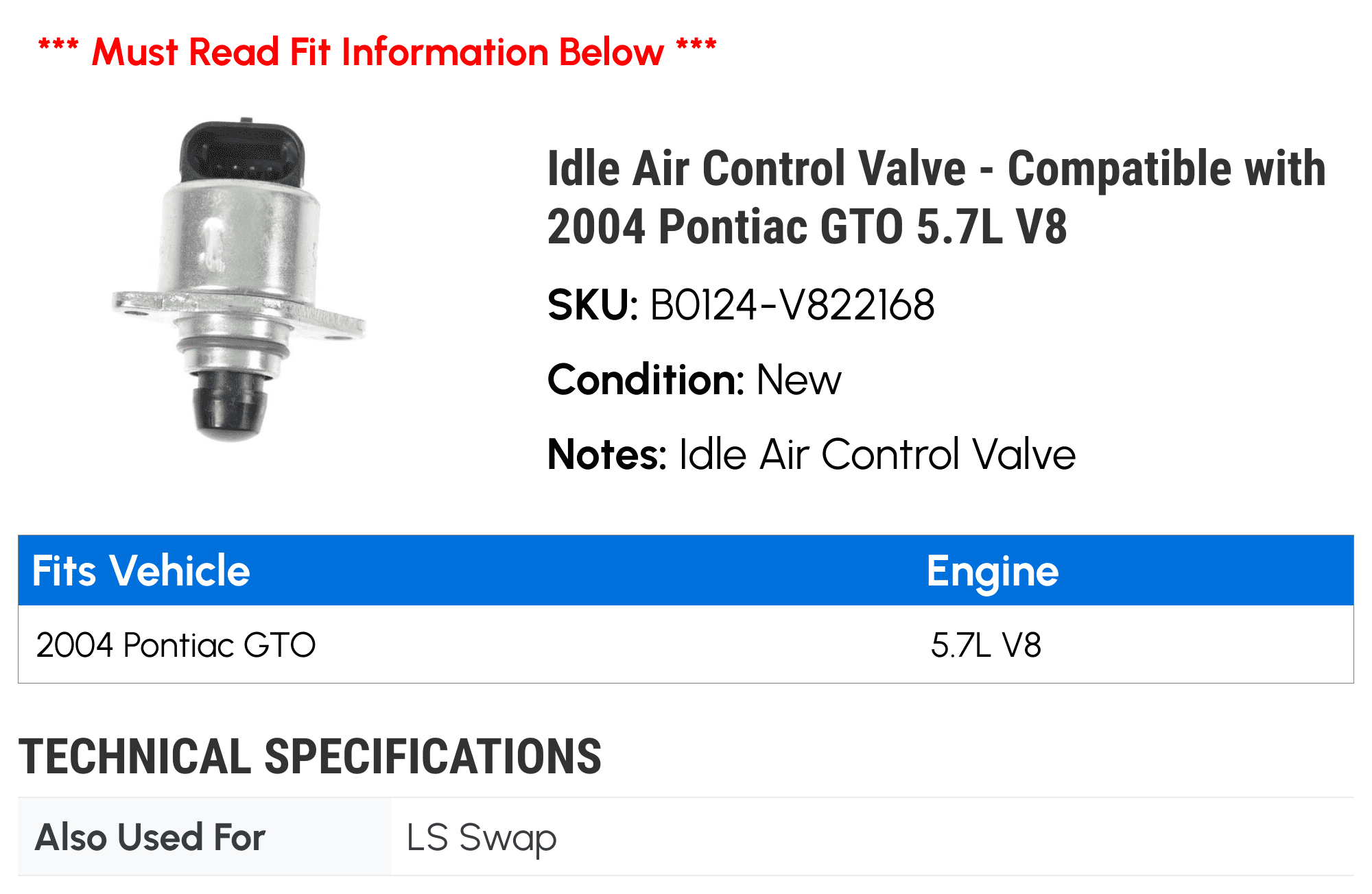 Idle Air Control Valve - Compatible with 2004 Pontiac GTO 5.7L V8