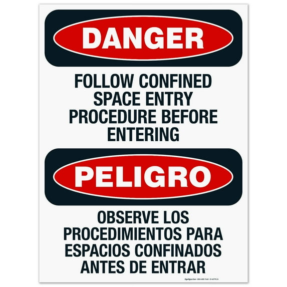 Follow Confined Space Entry Procedure Before Entering Bilingual Sign, OSHA Danger Sign, 18x24 Corrugated Plastic