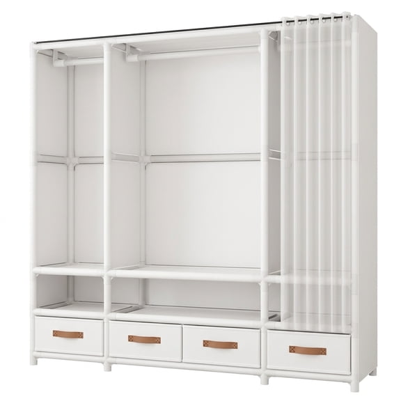 Portable Freestanding Wardrobe Closet, 143×45×166.5cm Clothing Storage Organizer with 4 Drawers,3 Hanging Rods & 6 Shelves, White
