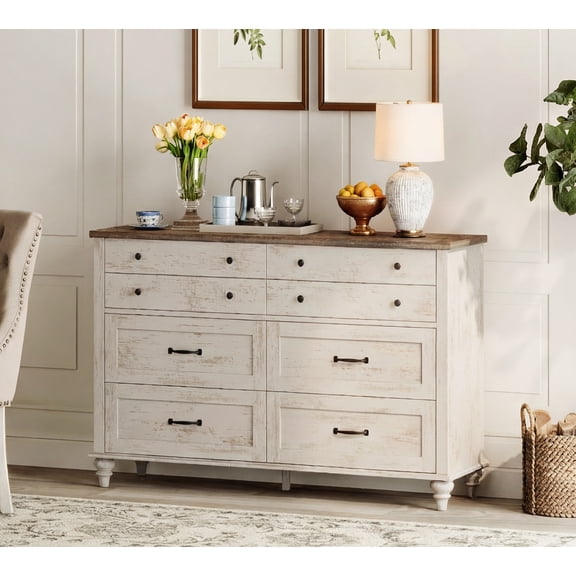 Farmhouse Dresser with 8 Drawers, Wood Kids Dresser for Bedroom Living Room, Rustic White