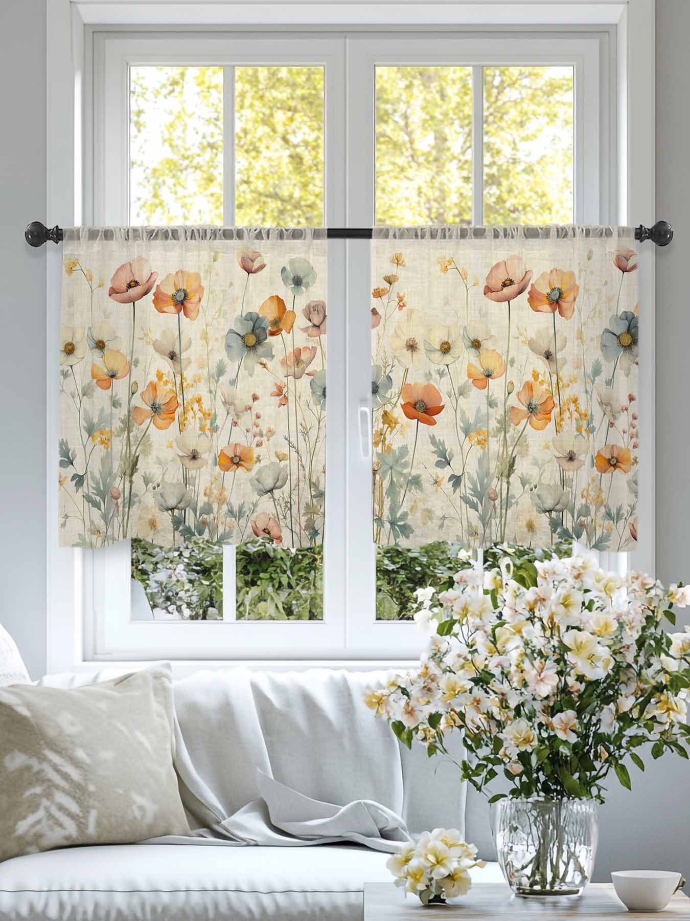Vintage Flowers Sheer Curtains 45 inches Long 2 Panels Set Watercolor Floral Leaves Linen Tiers Sheers Rod Pocket Small Window Short Curtains for Kitchen Cafe, Each 52" W x 45" L