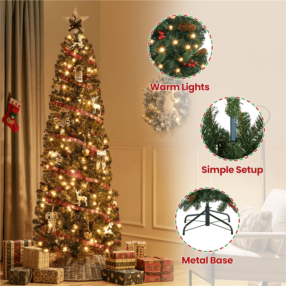 Alden Design 7.5Ft Pre-lit Artificial Christmas Tree with Pinecones & Holly Berries, Green
