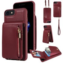 Feishell for iPhone 7/8/SE 2020/SE 2022 Crossbody Wallet Phone Case with Hand Strap & Shoulder Strap,Premium PU Leather RFID Blocking Card Slots Zipper Pocket Back Purse Kickstand Phone Case,Winered