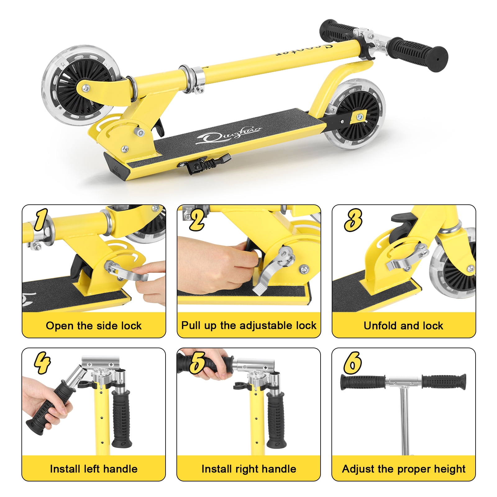Scooter With 2 Wheels, for Kids Ages 6+, Kickstand Foot Support, Adjustable Height & Foldable, Yellow