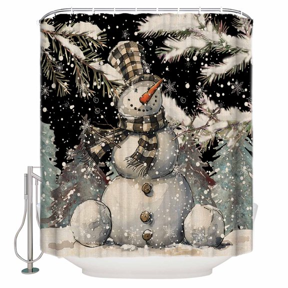 Extra Long Shower Curtain 72x96 Inch, Christmas Snowman Black Shower Curtain Waterproof Bathroom Decor Retro Xmas Snowflake Botanical Fabric Bath Curtain Set Accessories with Hooks
