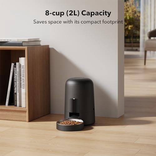 Automatic Cat Feeder, Cat Food Dispenser Battery-Operated with 180-Day Battery Life, AIR Timed Pet Feeder for Cats & Dogs, 2L Auto Cats Feeder, Black