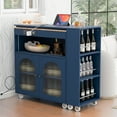 thumbnail image 5 of Rolling Kitchen Island with Extended Table, LED Lights & Power Outlets, 2 Fluted Glass Doors, Storage Compartment & 3 Side Open Shelves, Grey Mobile Cart for Kitchen, 5 of 12