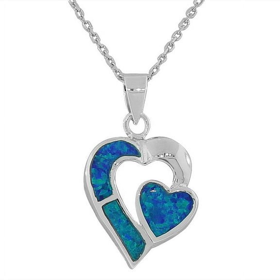 925 Sterling Silver Blue Turquoise-Tone Simulated Opal Love Heart Pendant Necklace