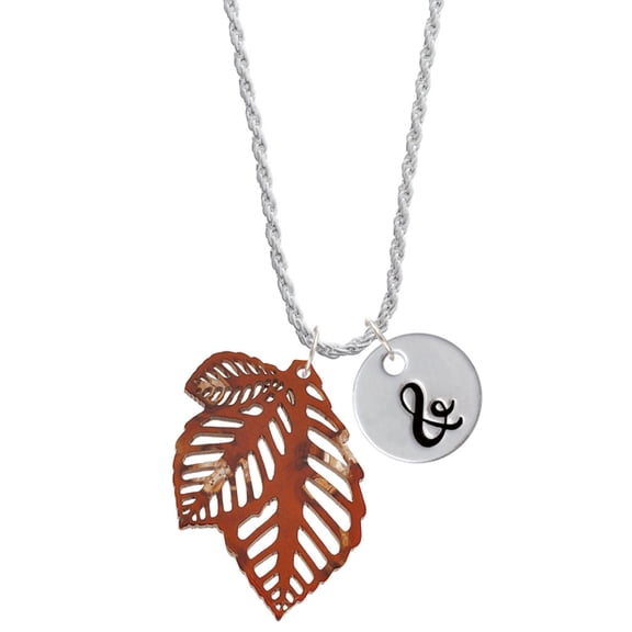 Delight Jewelry Acrylic Medium Triple Leaf Pearly Brown Silvertone Script Initial Disc - & - Charm Necklace, 20"+3"