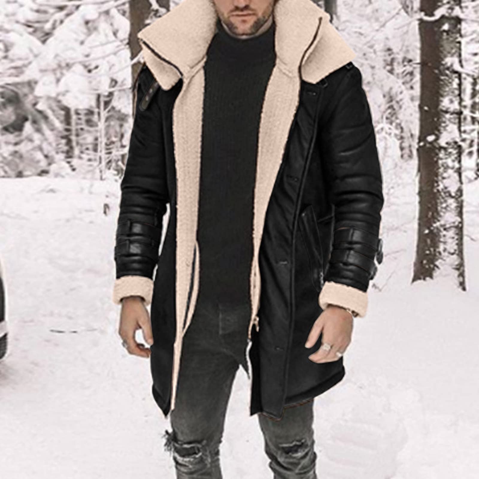 RongHuan Men's Big and Tall Faux Leather Coat Fleece Sherpa Lined Warm Trench Coats Winter Faux Fur Collar Jacket Thickened Long Sleeve Outwear