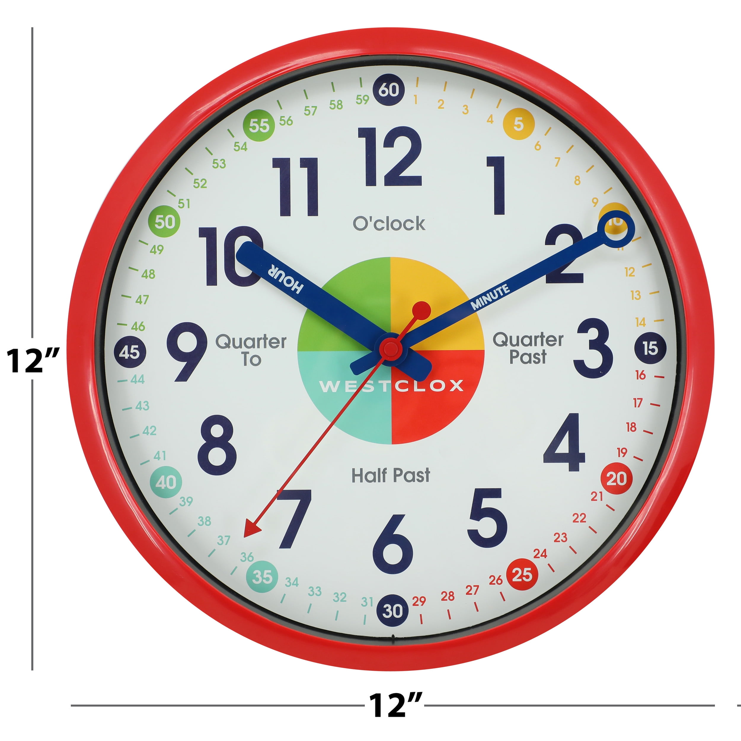 Westclox Red 12" Time Teacher Analog QA Wall Clock with Quiet Sweep Movement-Educational Timekeeping
