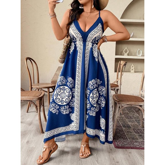 Multicolor Elephant Print V-Neck Maxi Dress With Adjustable Straps
