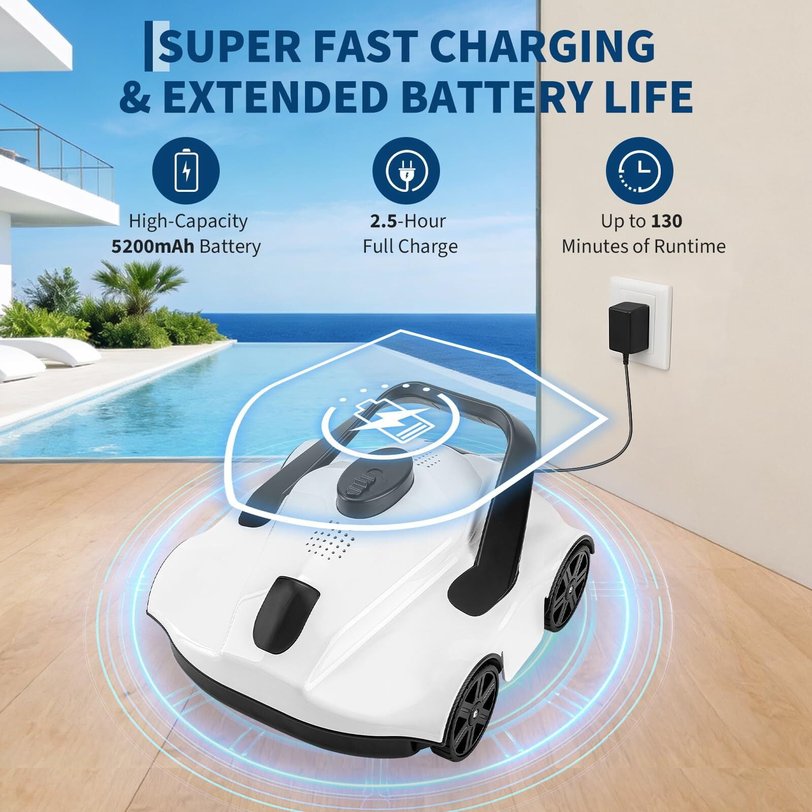 EuKer Pool Cleaner Robot, Automatic Pool Vacuum Robot with Smart Self-Parking and Auto-Drainage for Above-Ground/In-Ground Pools, White