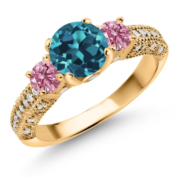 18K Yellow Gold Plated Silver London Blue Topaz Pink Lab Grown Diamond and White Moissanite Engagement Ring for Women (2.28 Cttw, Gemstone November Birthstone, Round 7MM and 4MM, Size 7)