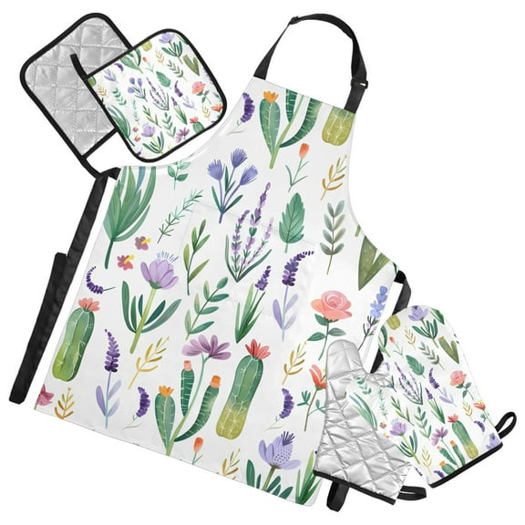 Lavender Leaves Cactus 5 Pcs Kitchen Set Heat Resistant Oven Mitts and Non-Slip Pot Holders with Adjustable Cooking Apron