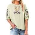thumbnail image 2 of Dazajoo Cotton Linen Tops for Women 2025 Summer Half Sleeve Boho Embroidered Blouse Casual Crewneck Oversized Tee Shirts,Green,XXL, 2 of 6