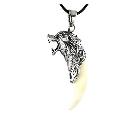 Wolf Head & Synthetic Fang Tooth Necklace Pendant Unisex - Howling Spirit - Silver Titanium Steel Quality - Leather Necklace Band