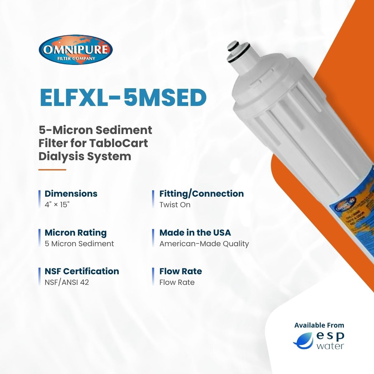 Omnipure Filter for TabloCart Dialysis System (ELFXL-5MSED) 5-Micron Sediment Filter