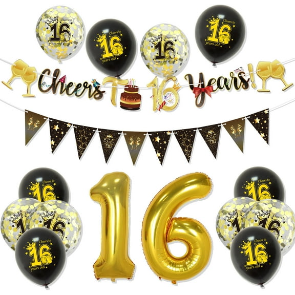 16th Birthday Party Decorations for Men Women Black and Gold, Black Gold Happy Birthday Banner Sign 18th Happy Birthday Balloons for 40th Anniversary Birthday Party Supplies Outdoor Indoor Décor