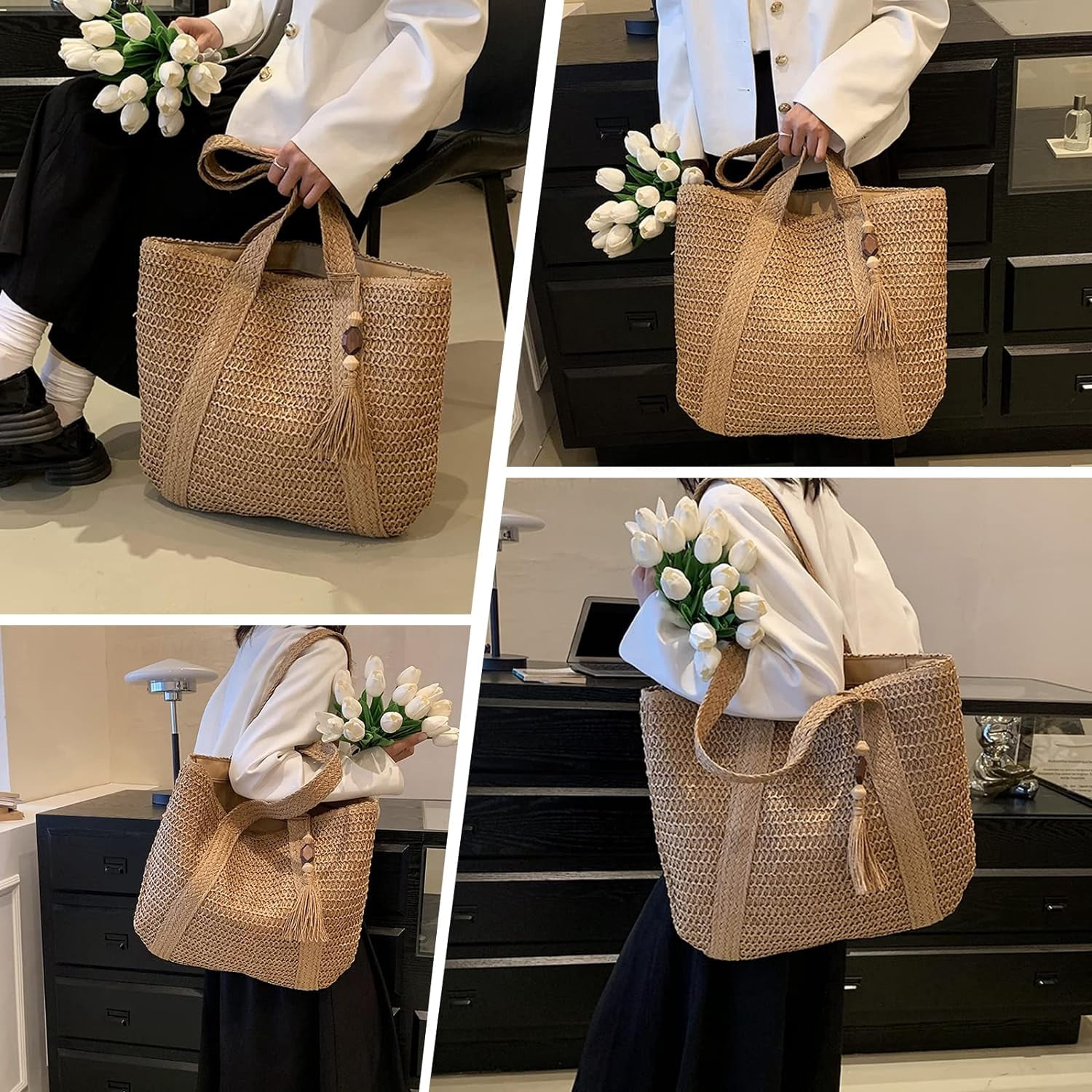 Kukuzhu Straw Beach Bag, Summer Woven Tote Bag with Tassels Large Shoulder Handbag Straw Purses and Handbags for Women