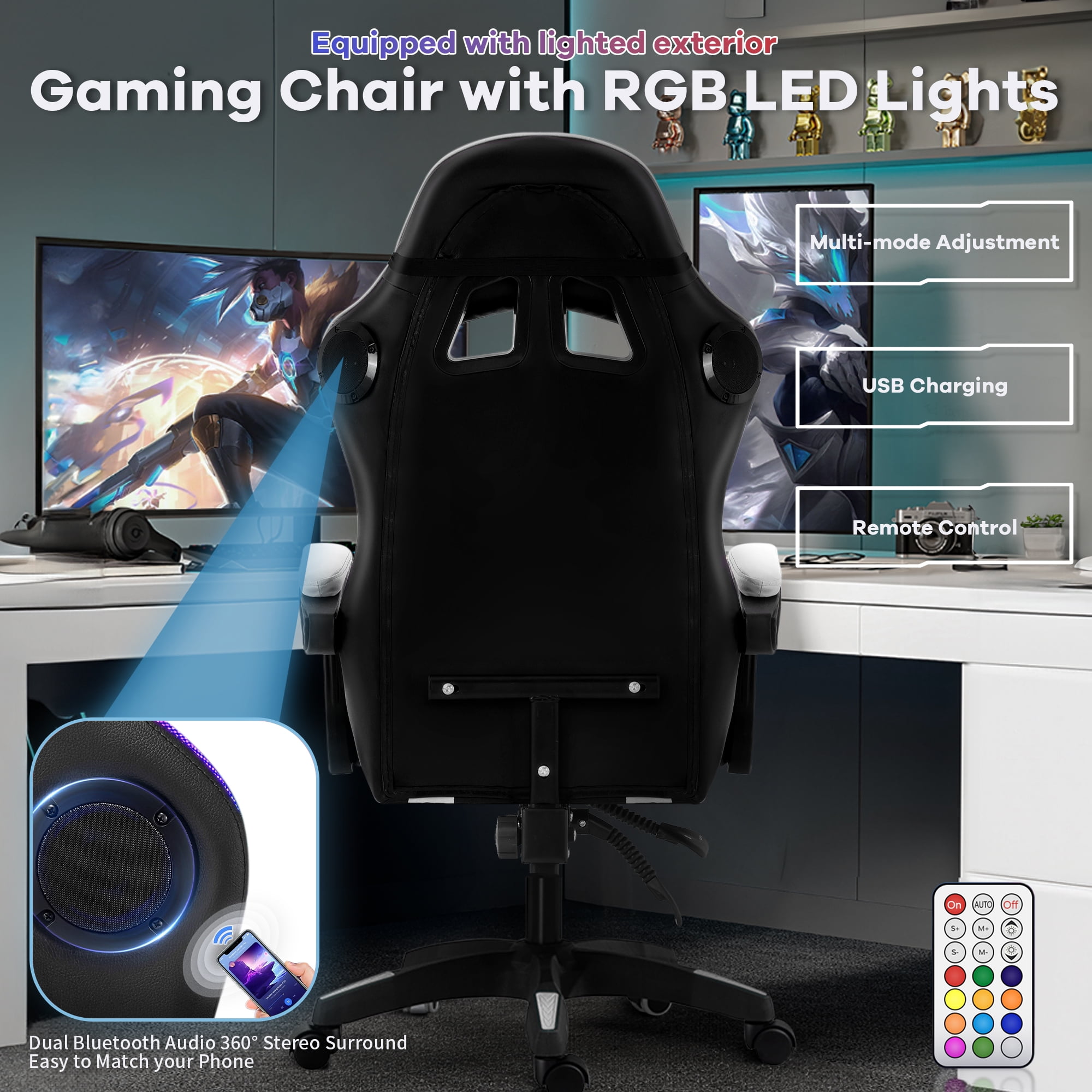 Ergonomic Gaming Chair, Brochao Gaming Chair with Speaker & LED Lights, Computer Racing Chair for Adults, PU Leather Office Chair with Footrest Lumbar Support Headrest, White with Light