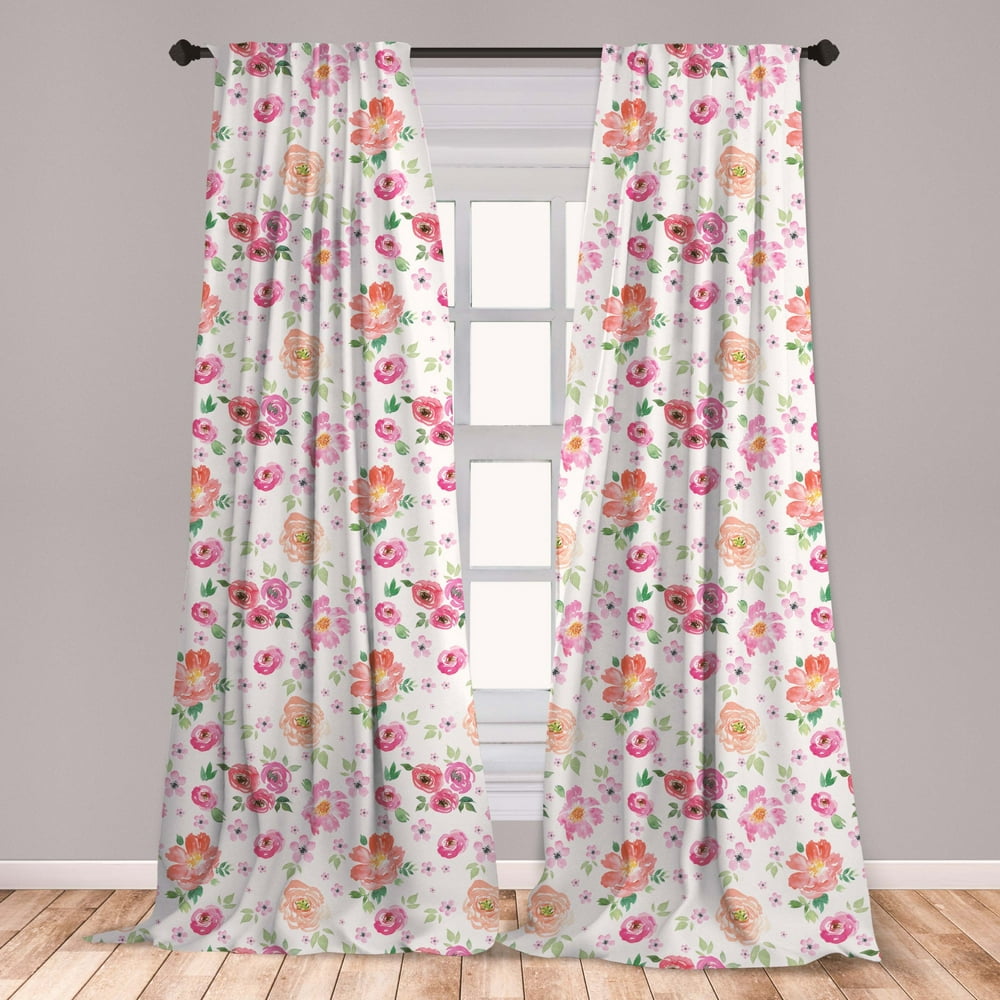 Pale Pink Curtains 2 Panels Set, Watercolor Style Rural Meadow Floral