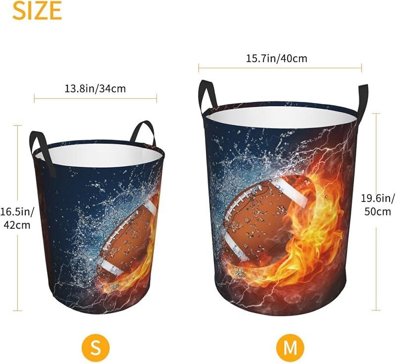 American Football Ball In Fire And Water Round Laundry Hamper Sport Rugby Storage Basket Toys Clothes Organizer Bin For Home Bathroom Bedroom Dorm Nursery