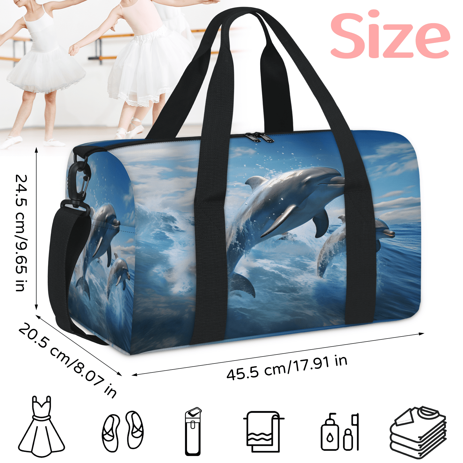 Herdesigns Ocean Dolphin Gym Bag for Women, Duffle Bag for Travel Sport, Lightweight Waterproof Carry on Weekender Overnight Dance Yoga Workout Bags