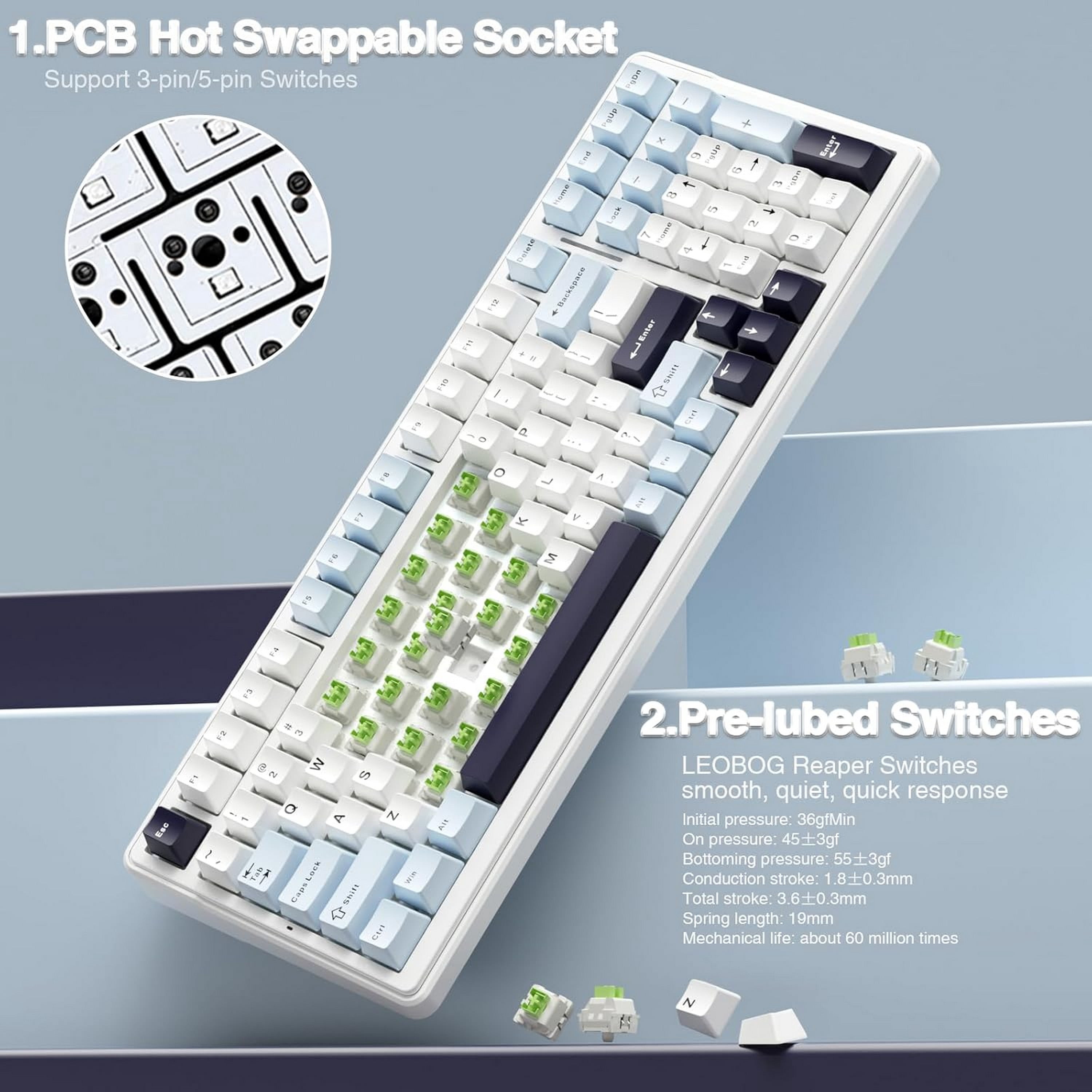 AULA F99 WIRELESS MECHANICAL KEYBOARD, 96% LAYOUT, HOT SWAPPABLE WITH PRE-LUBED LINEAR SWITCHES, TRI-MODE CONNECTIVITY, RGB BACKLIT, GASKET STRUCTURE (BLUE & WHITE)