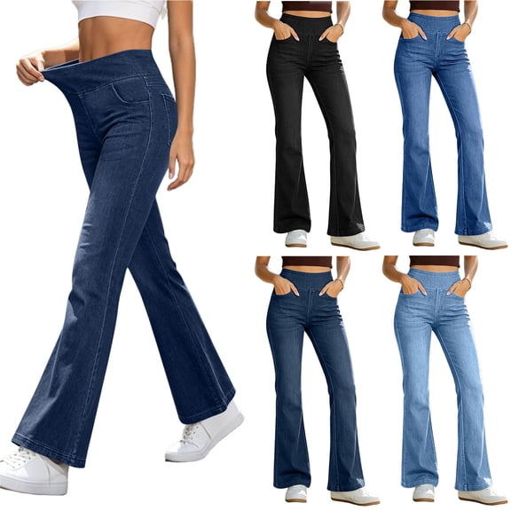 Zpzdpjkx High Stretch Elastic Waist Flare Jeans for Women Pull On Solid Denim Bottom Pants with Pockets Casual Trousers
