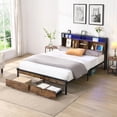 thumbnail image 2 of PAPROOS Full Size Bed Frame, Metal Platform Bed with Wooden Storage Headboard, 2 drawers, Charging Station, LED Light, No Box Spring Needed, Brown+Black, 2 of 11