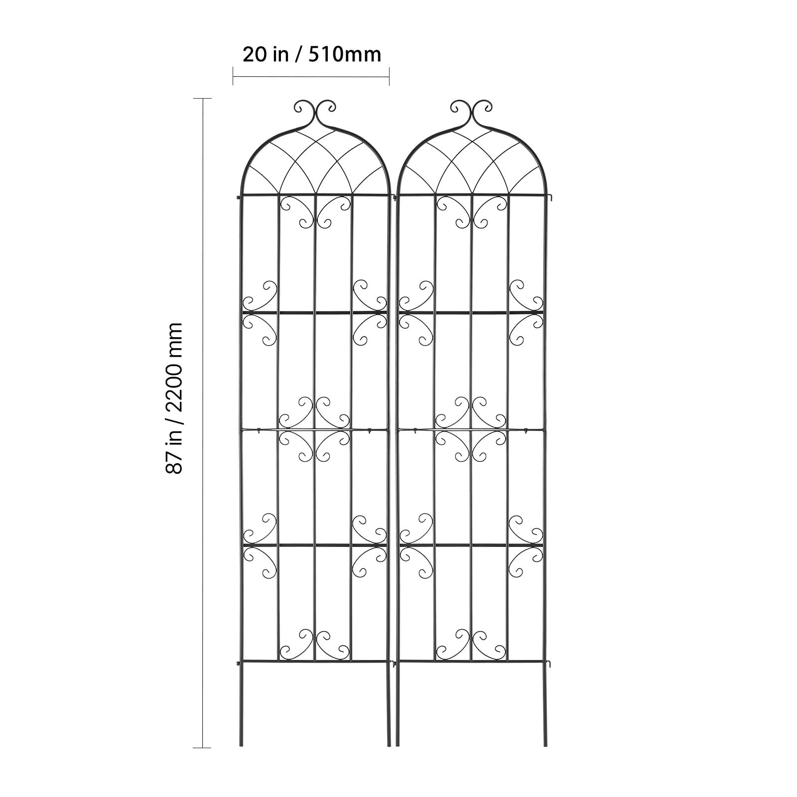 VEVOR Garden Trellis for Climbing Plants, 87 x 20 in, 2 Packs Rustproof Metal Garden Flower Trellis, Outdoor Climbing Rose Trellis Cucumbers Support, Decorative Clematis Trellis for Courtyards Lawns