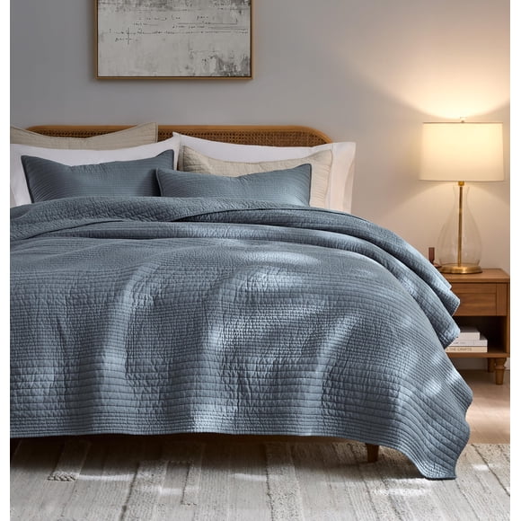 Juego de ropa de cama Palassio a rayas azules y grises, 100% algodón, tamaño king