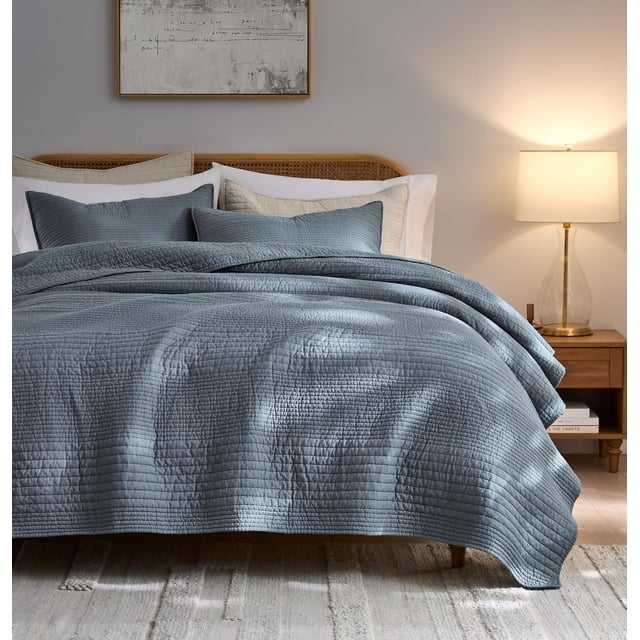 Juego de ropa de cama Palassio a rayas azules y grises, 100% algodón, tamaño king