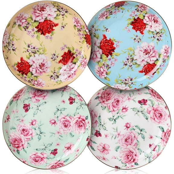 BTaT- Porcelain Floral Plates, 8 inch, Set of 4, Porcelain Bone China