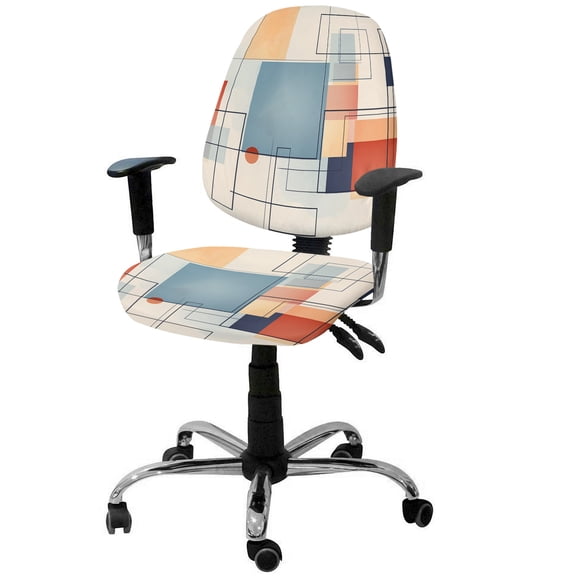 Orange Blue Geometric 2 Pieces Computer Office Chair Covers Set,Stretchable Desk Rotating Chair Seat Cushion Slipcover Back Covers,Vintage Contemporary Abstract Slipcover Back Covers Protectors Cover
