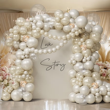 Pearl Balloon Arch Kit – Double Layer Pearl White Sand Balloons & Clear Balloons Linking for Wedding, Bridal Shower, Engagement, Birthday Party Decorations