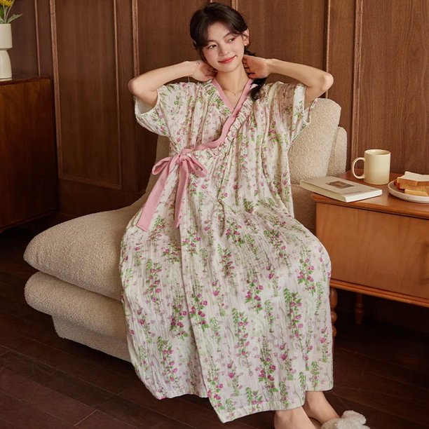 Novedad de verano, ropa de dormir para mujer con almohadilla fija en el pecho, Kimono de algodón con Nudo de mariposa, ropa informal holgada para el hogar, camisón