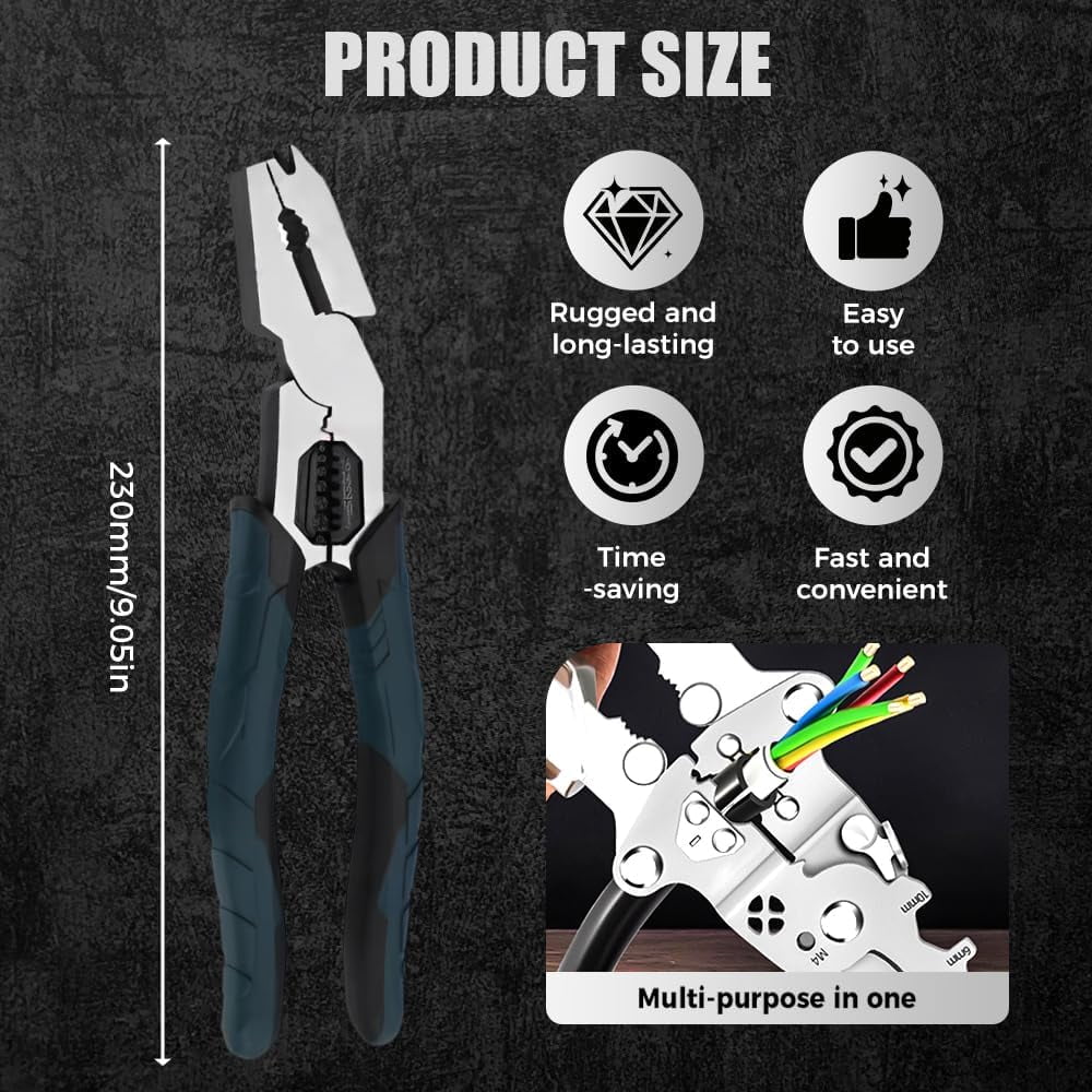 Industrial-Grade Multi-Function Cutting Pliers, 9-Inch Wire Stripper Cutter with Crimper, Nail Puller – All-in-One Tool for Electrical Work, Home Repair