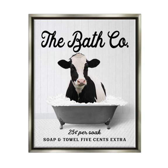 Stupell Industries Vintage Bathroom Cow Animals & Insects Painting Gray Floater Framed Art Print Wall Art, 17 x 21