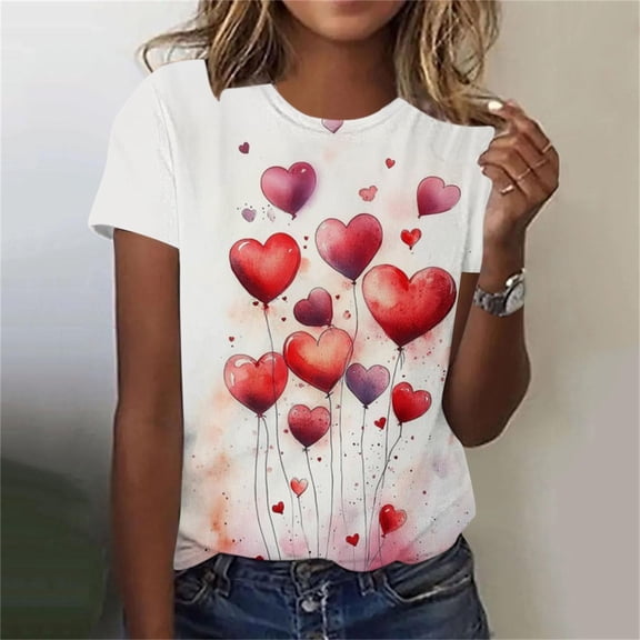 Jsaierl Valentines Day Shirts Womens Plus Size Love Heart Graphic Tees Stretch Short Sleeve Blouse Round Neck Holiday T-shirt Tops Spring Clothes for Women