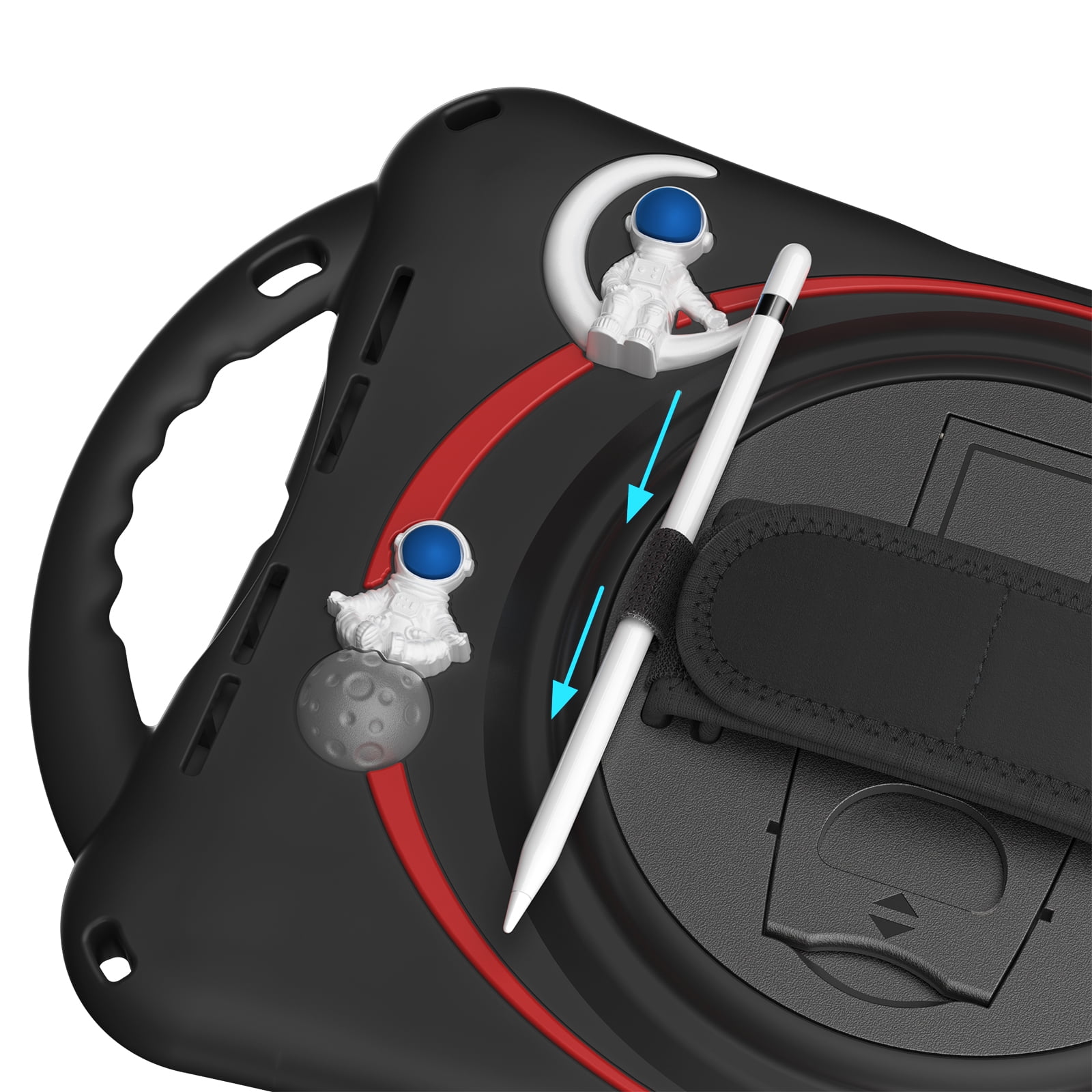 Dteck for iPad 6th/5th Gen Case 9.7 Inch for Kids, iPad Air 2 Case, iPad Air Case Child-Proof Heavy Duty Kids Case with Pencil Cap Holder Kickstand Rotating Hand Strap Carrying Strap, Black