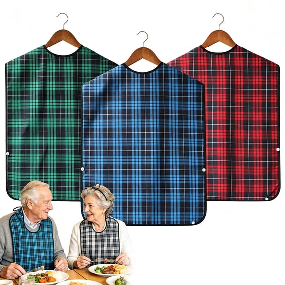 Plaid Adult Elderly Eating Bibs Waterproof Clothing Protector with Crumb Catcher, 3 Colors, 30.71in x 17.72in